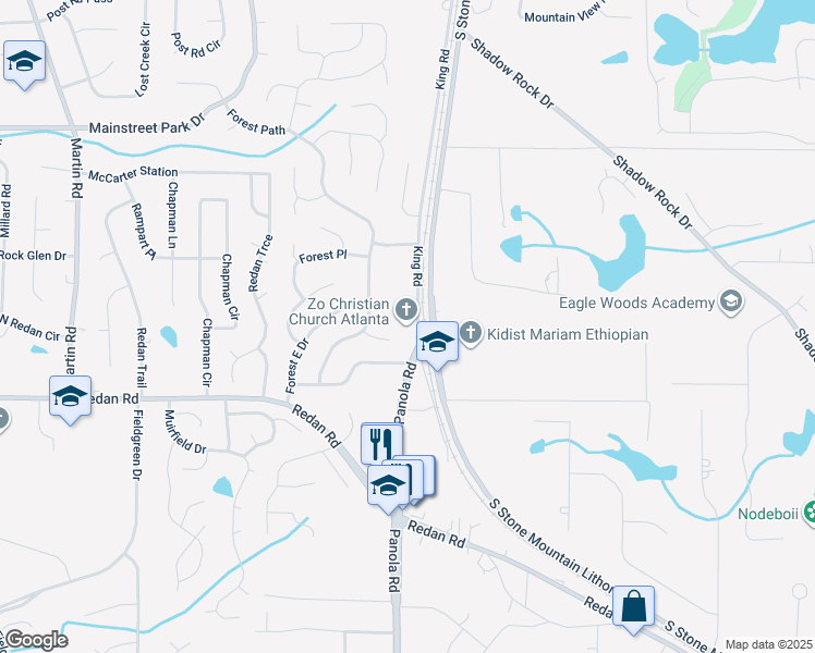 map of restaurants, bars, coffee shops, grocery stores, and more near 1093 Panola Road in Stone Mountain