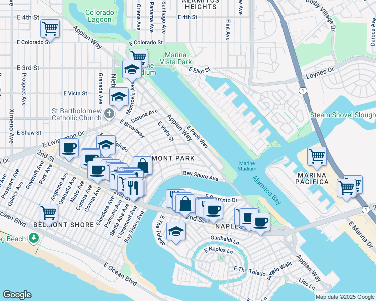 map of restaurants, bars, coffee shops, grocery stores, and more near 335 Santa Ana Avenue in Long Beach
