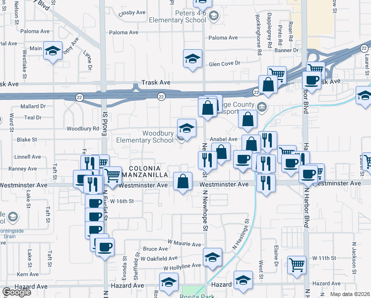 map of restaurants, bars, coffee shops, grocery stores, and more near 11362 Woodbury Road in Garden Grove