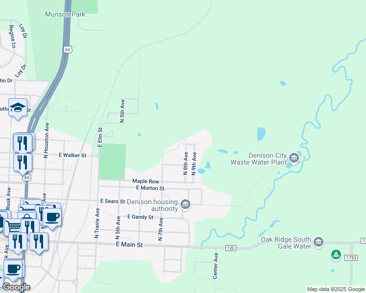map of restaurants, bars, coffee shops, grocery stores, and more near 801 North 8th Avenue in Denison