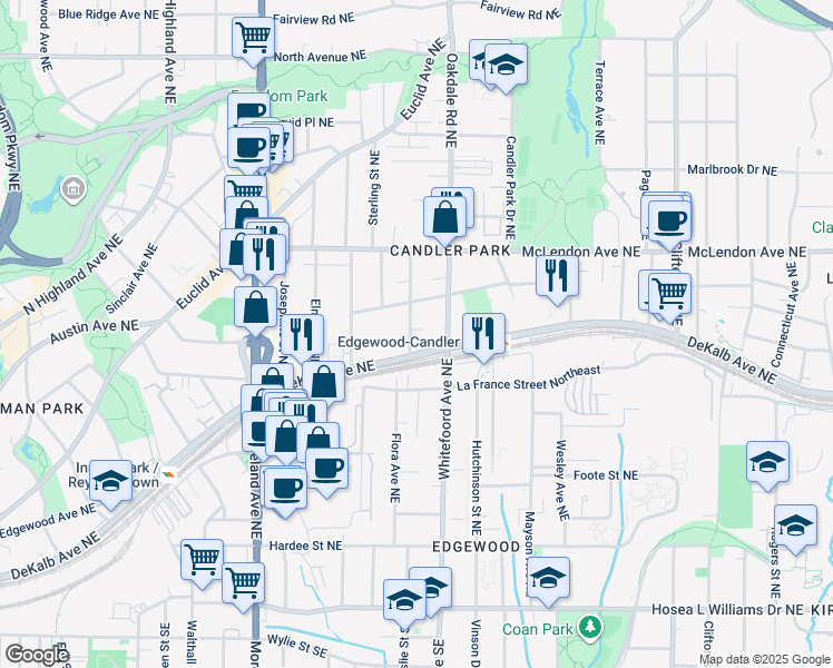 map of restaurants, bars, coffee shops, grocery stores, and more near 289 Ferguson Street Northeast in Atlanta
