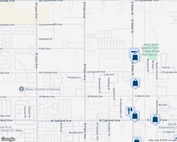 map of restaurants, bars, coffee shops, grocery stores, and more near 920 North Palm Avenue in Hemet