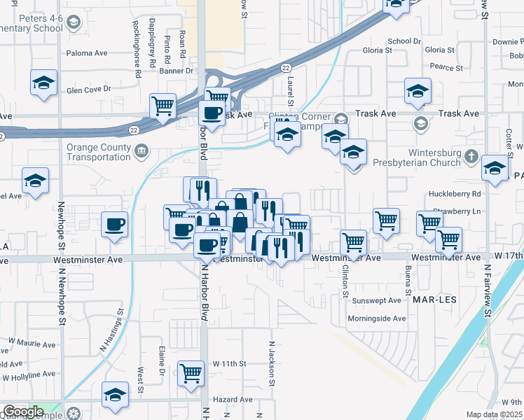 map of restaurants, bars, coffee shops, grocery stores, and more near 13821 Quatro Avenue in Garden Grove