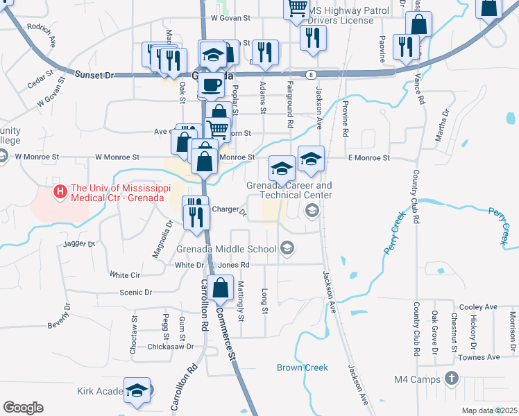 map of restaurants, bars, coffee shops, grocery stores, and more near 1875 Fairground Road in Grenada