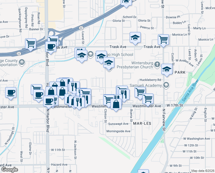 map of restaurants, bars, coffee shops, grocery stores, and more near 12453 Bay Hill Court in Garden Grove