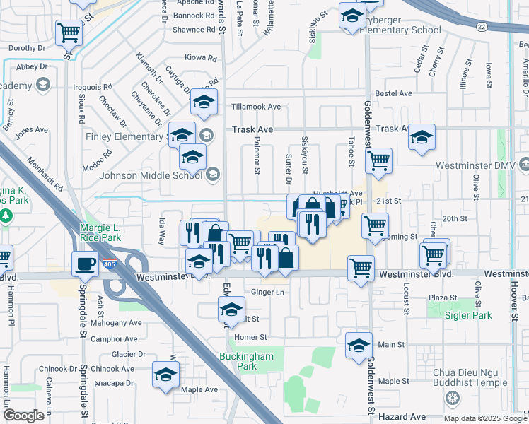 map of restaurants, bars, coffee shops, grocery stores, and more near 13772 La Pat Place in Westminster