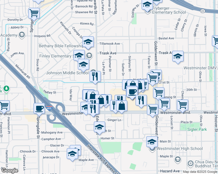 map of restaurants, bars, coffee shops, grocery stores, and more near 13772 La Pat Place in Westminster