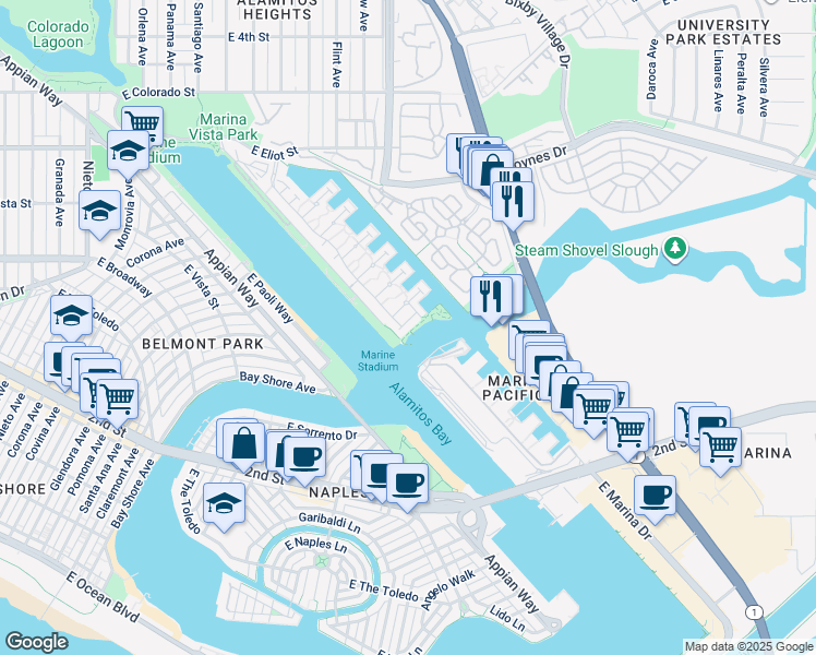 map of restaurants, bars, coffee shops, grocery stores, and more near 304 Smugglers Cove in Long Beach
