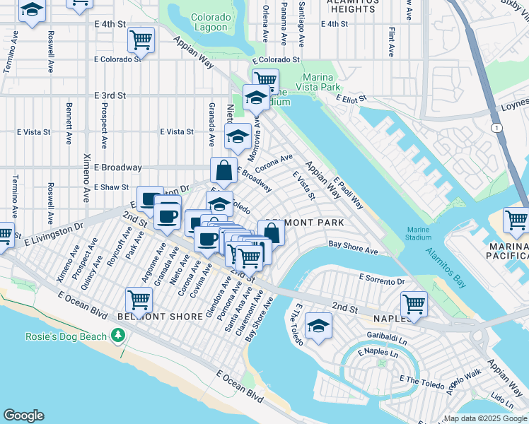 map of restaurants, bars, coffee shops, grocery stores, and more near 255 Glendora Avenue in Long Beach