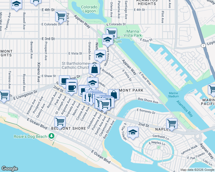 map of restaurants, bars, coffee shops, grocery stores, and more near 255 Glendora Avenue in Long Beach