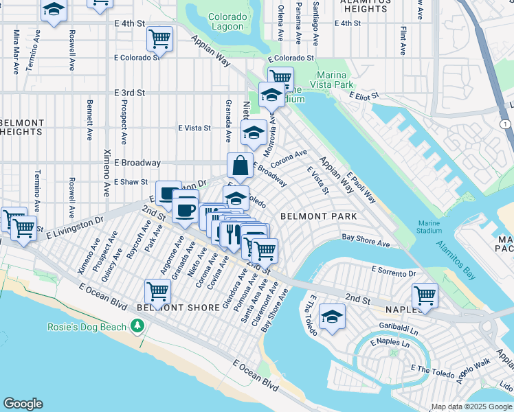 map of restaurants, bars, coffee shops, grocery stores, and more near 248 Covina Avenue in Long Beach