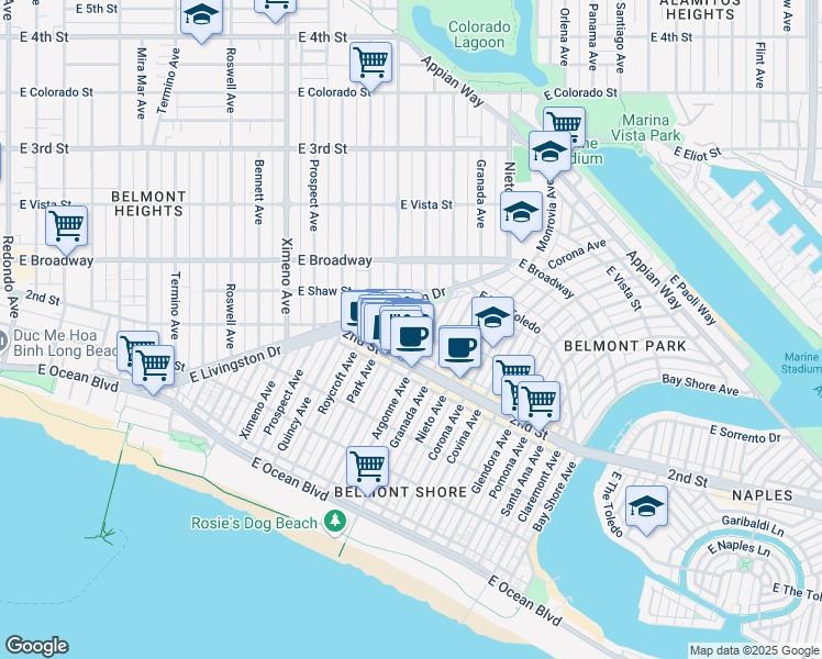 map of restaurants, bars, coffee shops, grocery stores, and more near 4818 2nd Street in Long Beach
