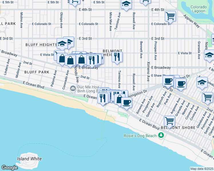 map of restaurants, bars, coffee shops, grocery stores, and more near in Long Beach