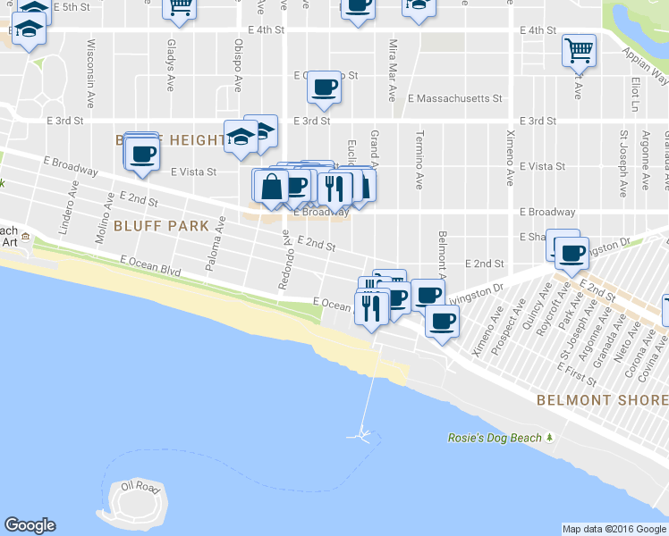 map of restaurants, bars, coffee shops, grocery stores, and more near 3535 East 1st Street in Long Beach