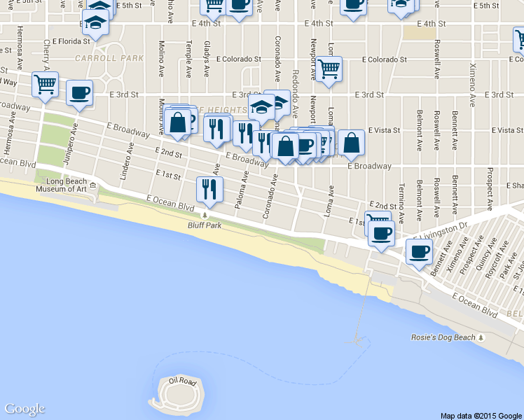 map of restaurants, bars, coffee shops, grocery stores, and more near 3133 East Ocean Boulevard in Long Beach
