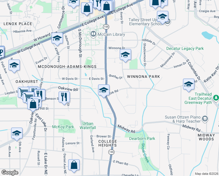 map of restaurants, bars, coffee shops, grocery stores, and more near 546 Georgia 155 South in Decatur