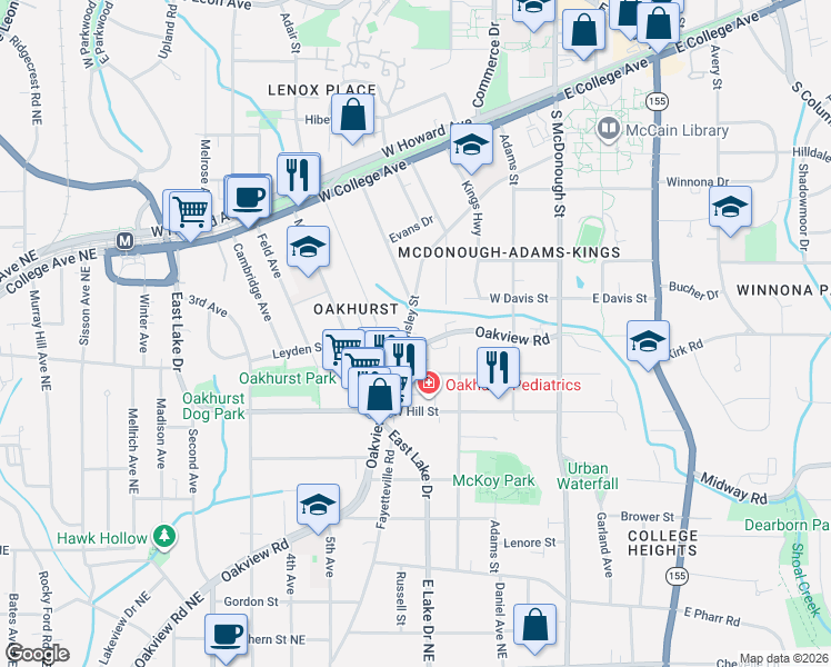 map of restaurants, bars, coffee shops, grocery stores, and more near 735 Oakview Road in Decatur