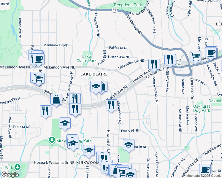 map of restaurants, bars, coffee shops, grocery stores, and more near 267 Oxford Place Northeast in Atlanta