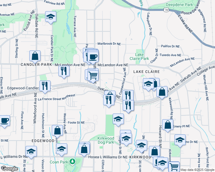 map of restaurants, bars, coffee shops, grocery stores, and more near 289 Ferguson Street Northeast in Atlanta