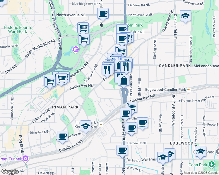 map of restaurants, bars, coffee shops, grocery stores, and more near 1126 Austin Avenue Northeast in Atlanta