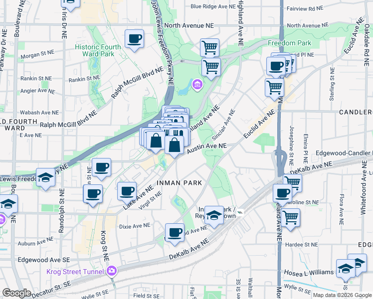 map of restaurants, bars, coffee shops, grocery stores, and more near 928 Austin Avenue Northeast in Atlanta