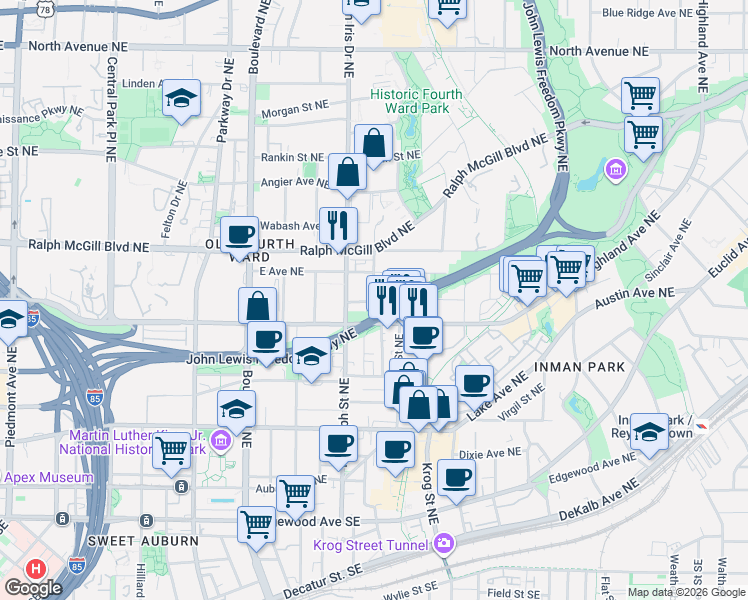 map of restaurants, bars, coffee shops, grocery stores, and more near 287 Fortune Street Northeast in Atlanta