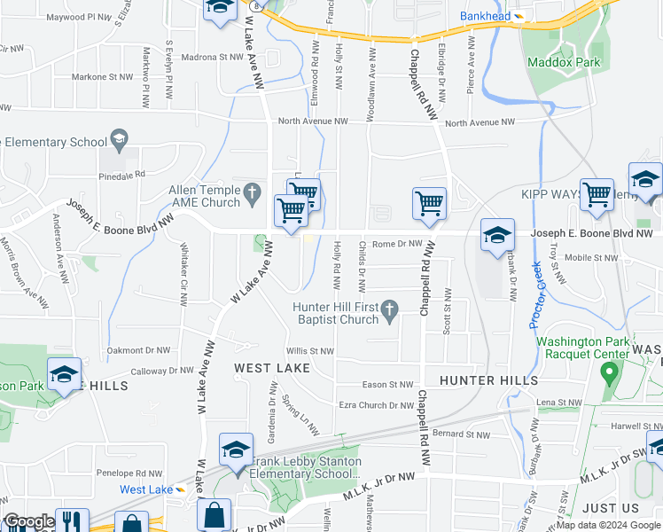 map of restaurants, bars, coffee shops, grocery stores, and more near 246 Holly Road Northwest in Atlanta