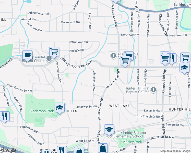 map of restaurants, bars, coffee shops, grocery stores, and more near 222 Whitaker Circle Northwest in Atlanta