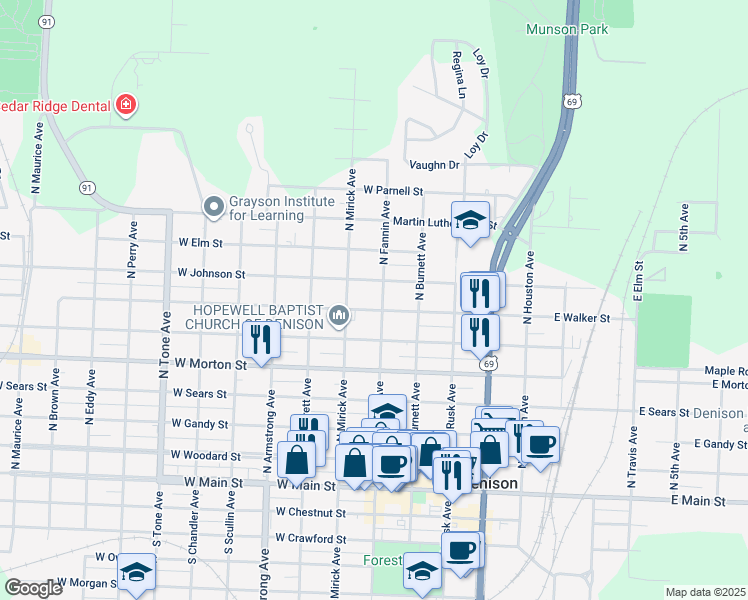 map of restaurants, bars, coffee shops, grocery stores, and more near 505 West Walker Street in Denison