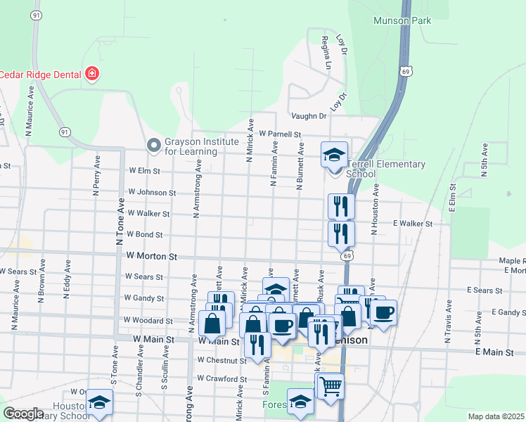map of restaurants, bars, coffee shops, grocery stores, and more near 505 West Walker Street in Denison