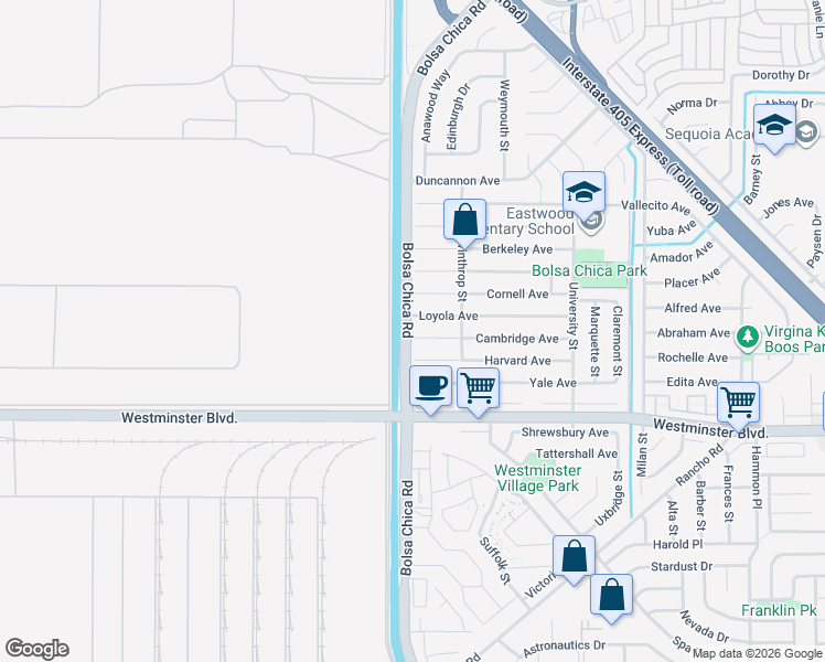 map of restaurants, bars, coffee shops, grocery stores, and more near 5011 Cambridge Avenue in Westminster