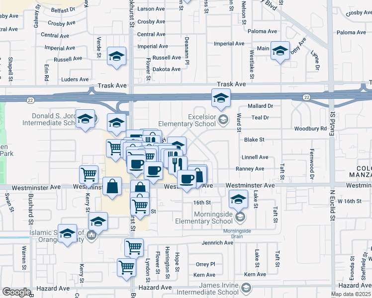 map of restaurants, bars, coffee shops, grocery stores, and more near 10261 Woodbury Road in Garden Grove