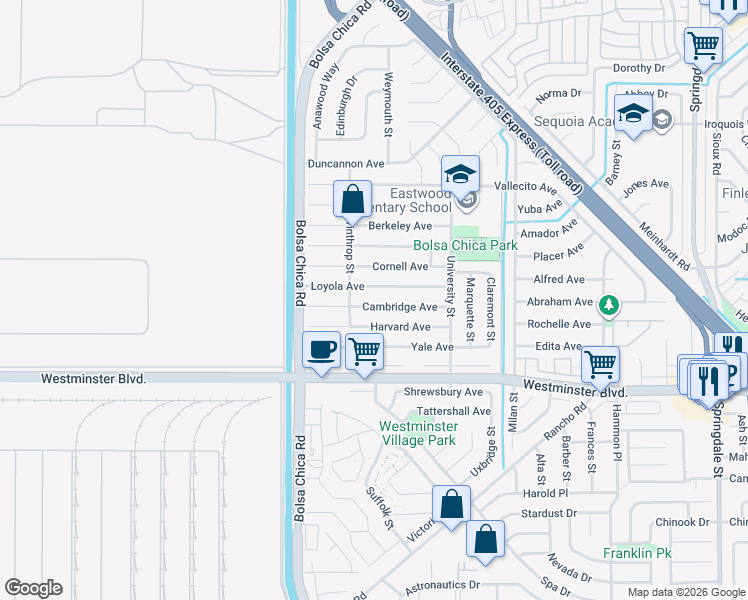 map of restaurants, bars, coffee shops, grocery stores, and more near 5191 Cambridge Avenue in Westminster