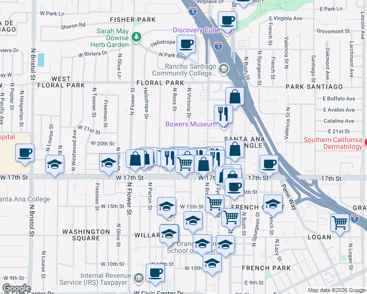 map of restaurants, bars, coffee shops, grocery stores, and more near 1914 North Victoria Drive in Santa Ana