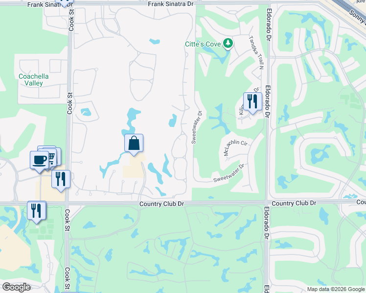 map of restaurants, bars, coffee shops, grocery stores, and more near 191 Desert Falls Drive East in Palm Desert