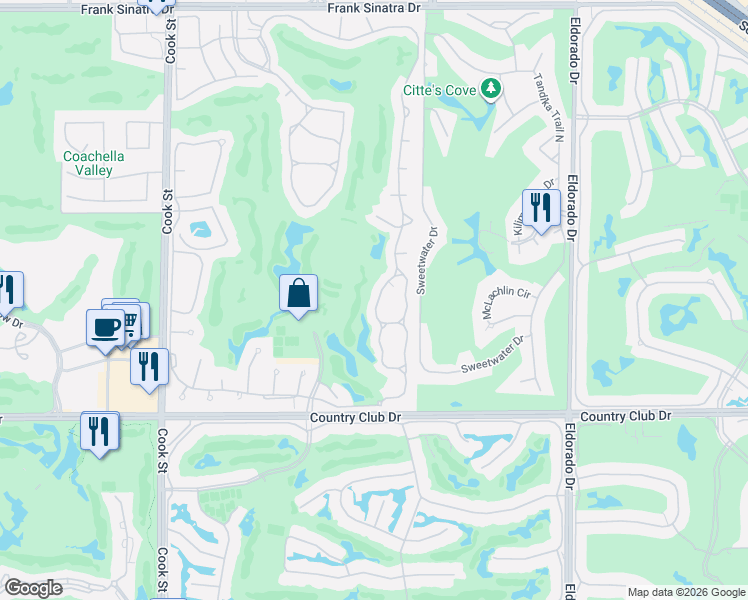 map of restaurants, bars, coffee shops, grocery stores, and more near 189 Desert Falls Circle in Palm Desert