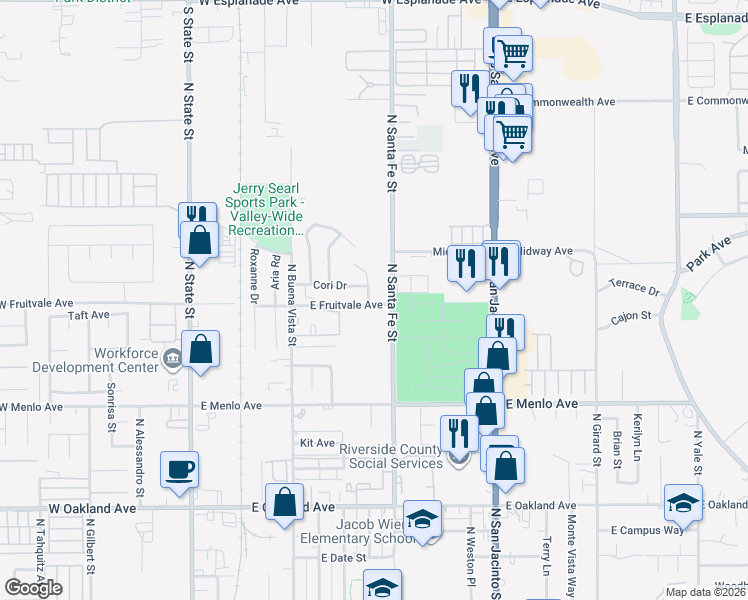 map of restaurants, bars, coffee shops, grocery stores, and more near 630 East Fruitvale Avenue in Hemet