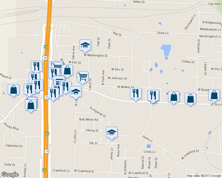 map of restaurants, bars, coffee shops, grocery stores, and more near 2606 West Walker Street in Denison