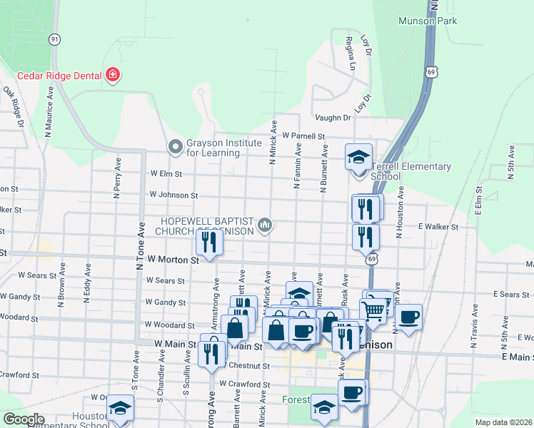 map of restaurants, bars, coffee shops, grocery stores, and more near 605 West Walker Street in Denison