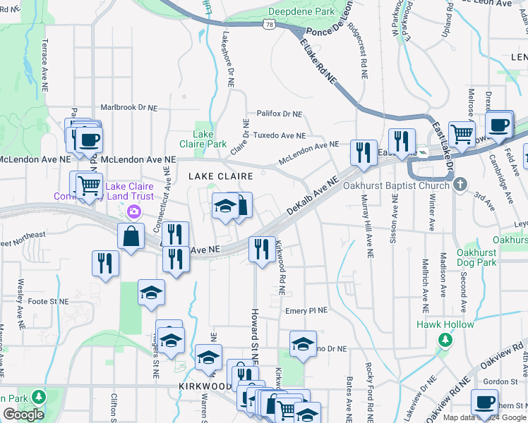 map of restaurants, bars, coffee shops, grocery stores, and more near 291 Oxford Place Northeast in Atlanta