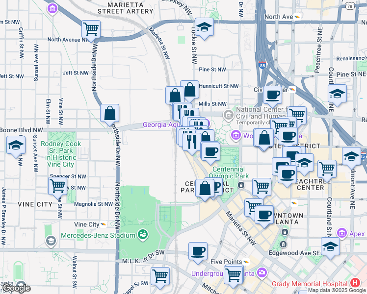map of restaurants, bars, coffee shops, grocery stores, and more near 342 Marietta Street NorthWest in Atlanta