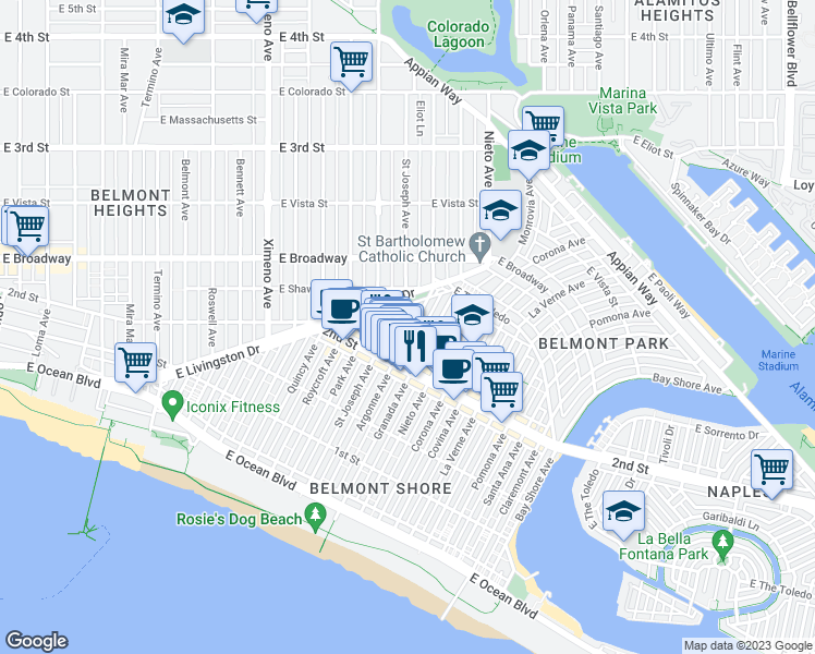 map of restaurants, bars, coffee shops, grocery stores, and more near 221 Argonne Avenue in Long Beach
