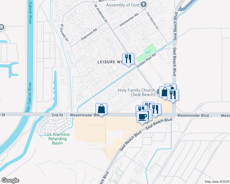 map of restaurants, bars, coffee shops, grocery stores, and more near 1443 Merion Way in Seal Beach