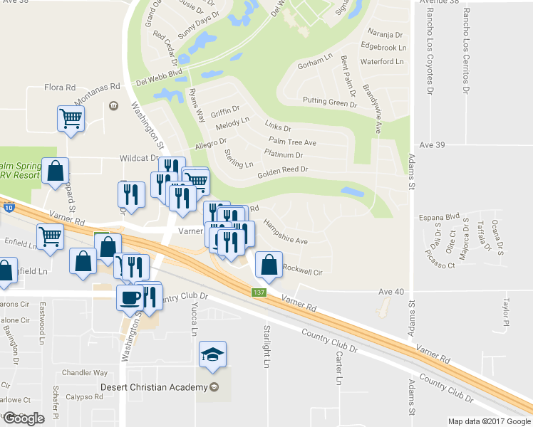 map of restaurants, bars, coffee shops, grocery stores, and more near 39450 Manorgate Road in Palm Desert