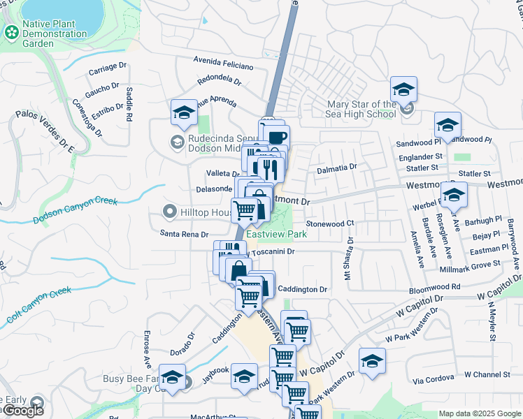 map of restaurants, bars, coffee shops, grocery stores, and more near 28326 South Western Avenue in Rancho Palos Verdes