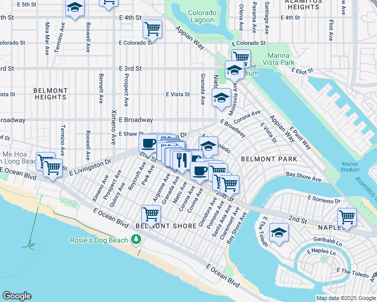 map of restaurants, bars, coffee shops, grocery stores, and more near 227 1st Street in Long Beach