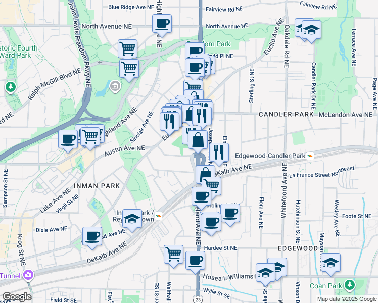 map of restaurants, bars, coffee shops, grocery stores, and more near 292 Moreland Avenue Northeast in Atlanta
