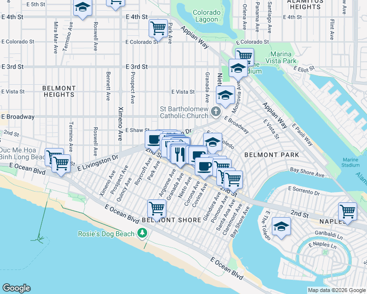 map of restaurants, bars, coffee shops, grocery stores, and more near 222 Argonne Avenue in Long Beach