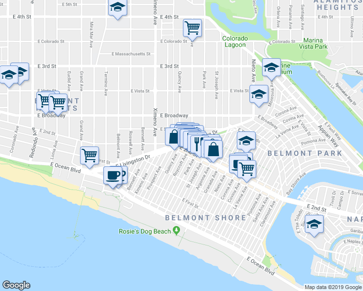 map of restaurants, bars, coffee shops, grocery stores, and more near East 2nd Street & Quincy Avenue in Long Beach
