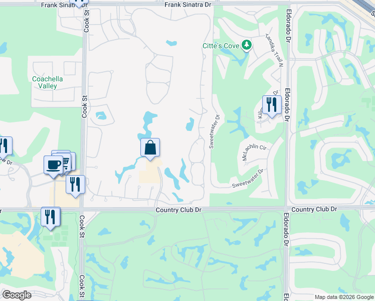 map of restaurants, bars, coffee shops, grocery stores, and more near 181 Desert Falls Circle in Palm Desert